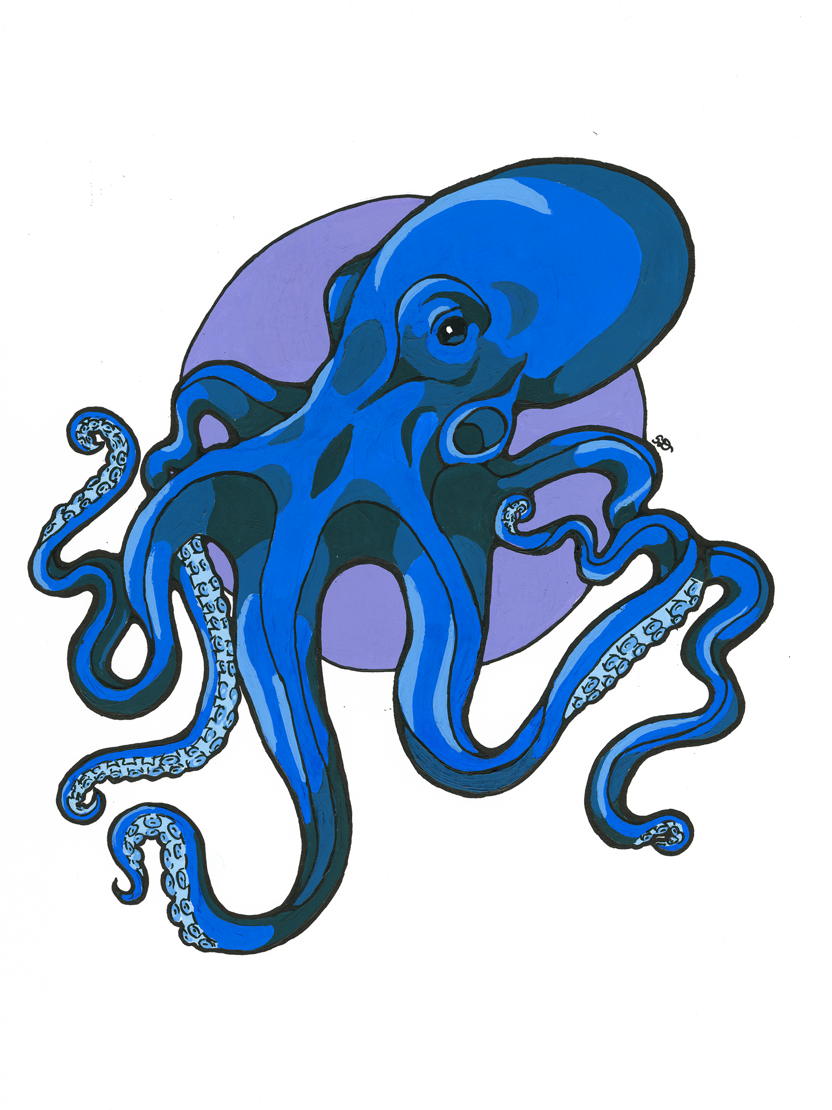 blue octopus on lavendar background circle